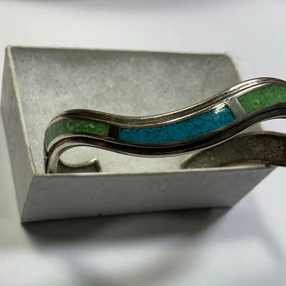 Sterling Silver Coleman & Co. Turquoise Inlay Bracelet. . 2.25” across - Picture 2 of 9